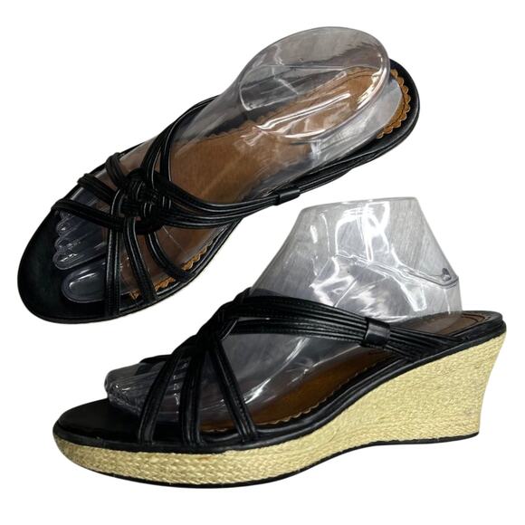 CLARK Artisan Espadrille Slide Wedge  Sandals Black Leather Size 9 - Picture 1 of 8